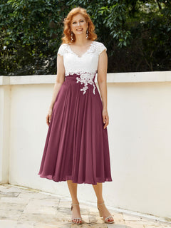 V Neck Chiffon Dress with Ivory Appliqued Bodice Mulberry