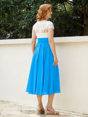 V Neck Chiffon Dress with Ivory Appliqued Bodice Ocean Blue