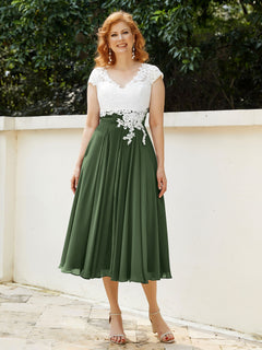 Neck Chiffon Dress with Ivory Appliqued Bodice Olive Green