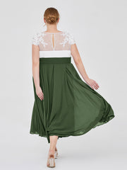 Neck Chiffon Dress with Ivory Appliqued Bodice Olive Green