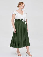Neck Chiffon Dress with Ivory Appliqued Bodice Olive Green