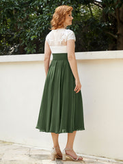 Neck Chiffon Dress with Ivory Appliqued Bodice Olive Green