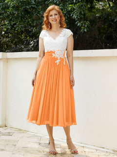 V Neck Chiffon Dress with Ivory Appliqued Bodice Orange