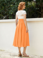 V Neck Chiffon Dress with Ivory Appliqued Bodice Orange