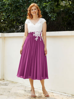 V Neck Chiffon Dress with Ivory Appliqued Bodice Orchid