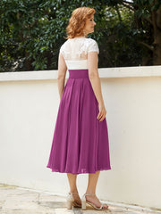 V Neck Chiffon Dress with Ivory Appliqued Bodice Orchid