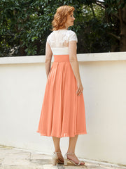 V Neck Chiffon Dress with Ivory Appliqued Bodice Papaya