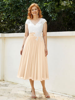 V Neck Chiffon Dress with Ivory Appliqued Bodice Peach