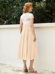 V Neck Chiffon Dress with Ivory Appliqued Bodice Peach