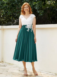 V Neck Chiffon Dress with Ivory Appliqued Bodice Peacock