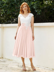 V Neck Chiffon Dress with Ivory Appliqued Bodice Pearl Pink