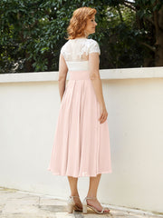 V Neck Chiffon Dress with Ivory Appliqued Bodice Pearl Pink