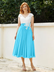 V Neck Chiffon Dress with Ivory Appliqued Bodice Pool