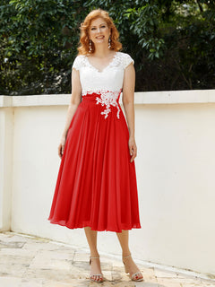 V Neck Chiffon Dress with Ivory Appliqued Bodice Red