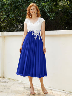 V Neck Chiffon Dress with Ivory Appliqued Bodice Royal Blue