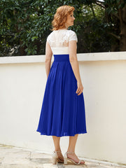 V Neck Chiffon Dress with Ivory Appliqued Bodice Royal Blue