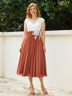 V Neck Chiffon Dress with Ivory Appliqued Bodice Rust