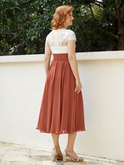 V Neck Chiffon Dress with Ivory Appliqued Bodice Rust