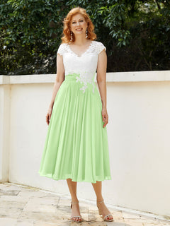 V Neck Chiffon Dress with Ivory Appliqued Bodice Sage