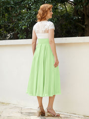 V Neck Chiffon Dress with Ivory Appliqued Bodice Sage