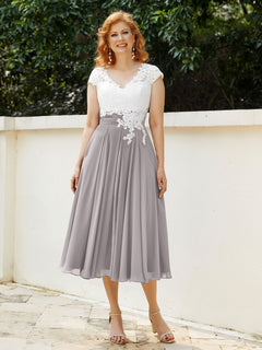 V Neck Chiffon Dress with Ivory Appliqued Bodice Silver