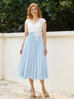 V Neck Chiffon Dress with Ivory Appliqued Bodice Sky Blue