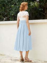 V Neck Chiffon Dress with Ivory Appliqued Bodice Sky Blue
