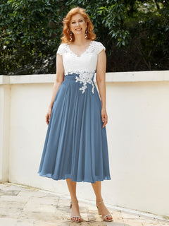 V Neck Chiffon Dress with Ivory Appliqued Bodice Slate Blue