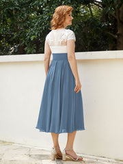 V Neck Chiffon Dress with Ivory Appliqued Bodice Slate Blue