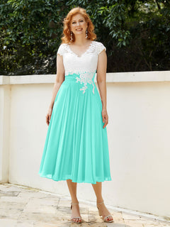 V Neck Chiffon Dress with Ivory Appliqued Bodice Spa