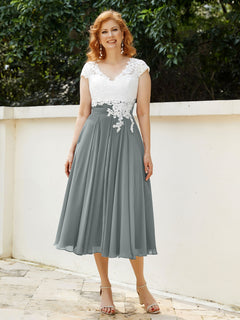 V Neck Chiffon Dress with Ivory Appliqued Bodice Steel Grey