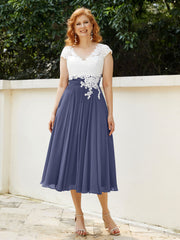 V Neck Chiffon Dress with Ivory Appliqued Bodice Stormy