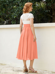 V Neck Chiffon Dress with Ivory Appliqued Bodice Sunset