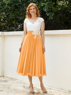 V Neck Chiffon Dress with Ivory Appliqued Bodice Tangerine