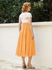 V Neck Chiffon Dress with Ivory Appliqued Bodice Tangerine