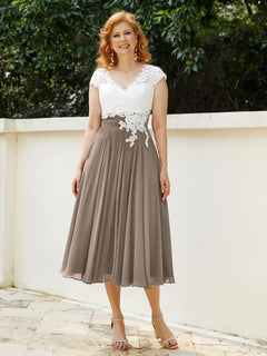 V Neck Chiffon Dress with Ivory Appliqued Bodice Taupe