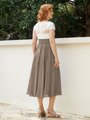 V Neck Chiffon Dress with Ivory Appliqued Bodice Taupe