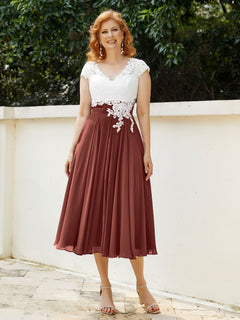 V Neck Chiffon Dress with Ivory Appliqued Bodice Terracotta