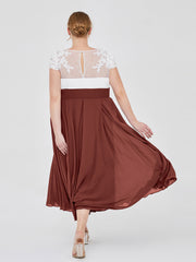 V Neck Chiffon Dress with Ivory Appliqued Bodice Terracotta