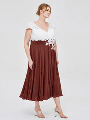 V Neck Chiffon Dress with Ivory Appliqued Bodice Terracotta
