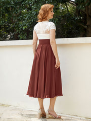 V Neck Chiffon Dress with Ivory Appliqued Bodice Terracotta