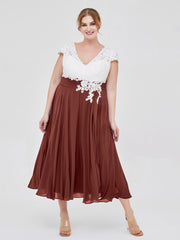 V Neck Chiffon Dress with Ivory Appliqued Bodice Terracotta
