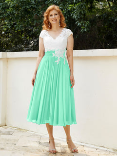 V Neck Chiffon Dress with Ivory Appliqued Bodice Turquoise