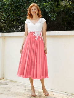 V Neck Chiffon Dress with Ivory Appliqued Bodice Watermelon