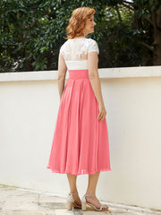 V Neck Chiffon Dress with Ivory Appliqued Bodice Watermelon