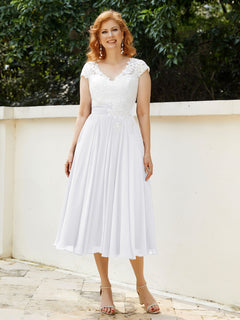 V Neck Chiffon Dress with Ivory Appliqued Bodice White