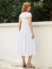 V Neck Chiffon Dress with Ivory Appliqued Bodice White