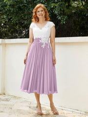 V Neck Chiffon Dress with Ivory Appliqued Bodice Wisteria