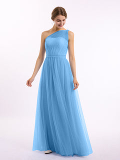 One Shoulder Mesh Wedding Party Bridesmaid Gown Blue