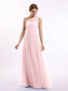 One Shoulder Mesh Wedding Party Bridesmaid Gown Blushing Pink